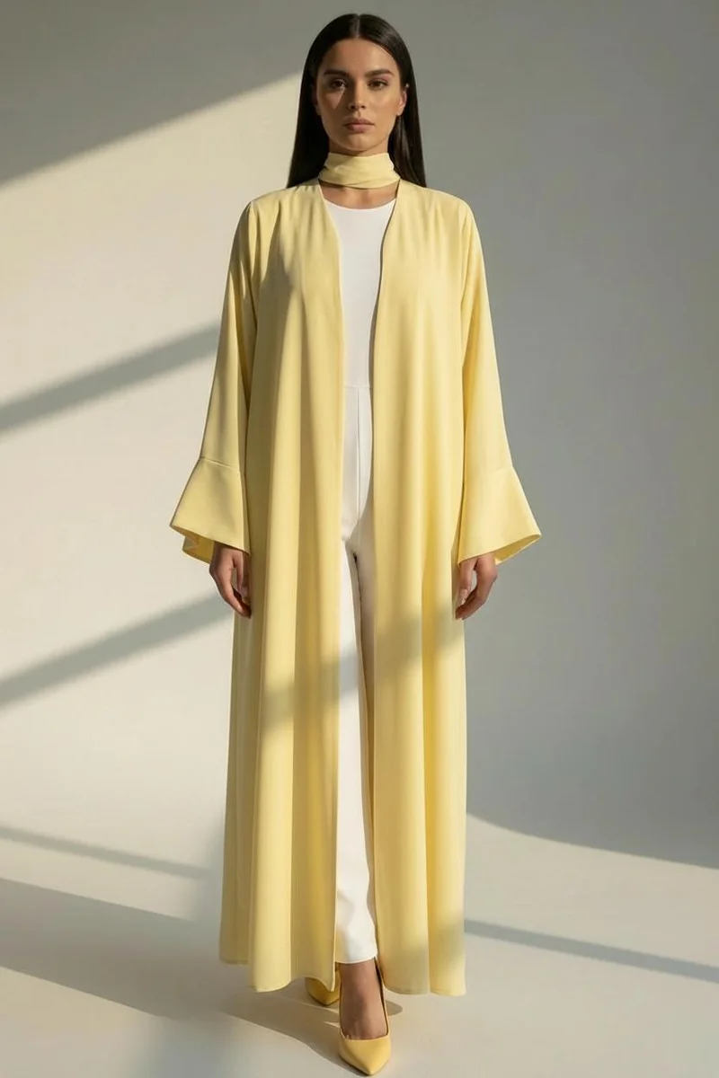 أم سكوير فاشن Pastel Yellow Open Abaya with Bell Sleeves, Lightweight Everyday Style