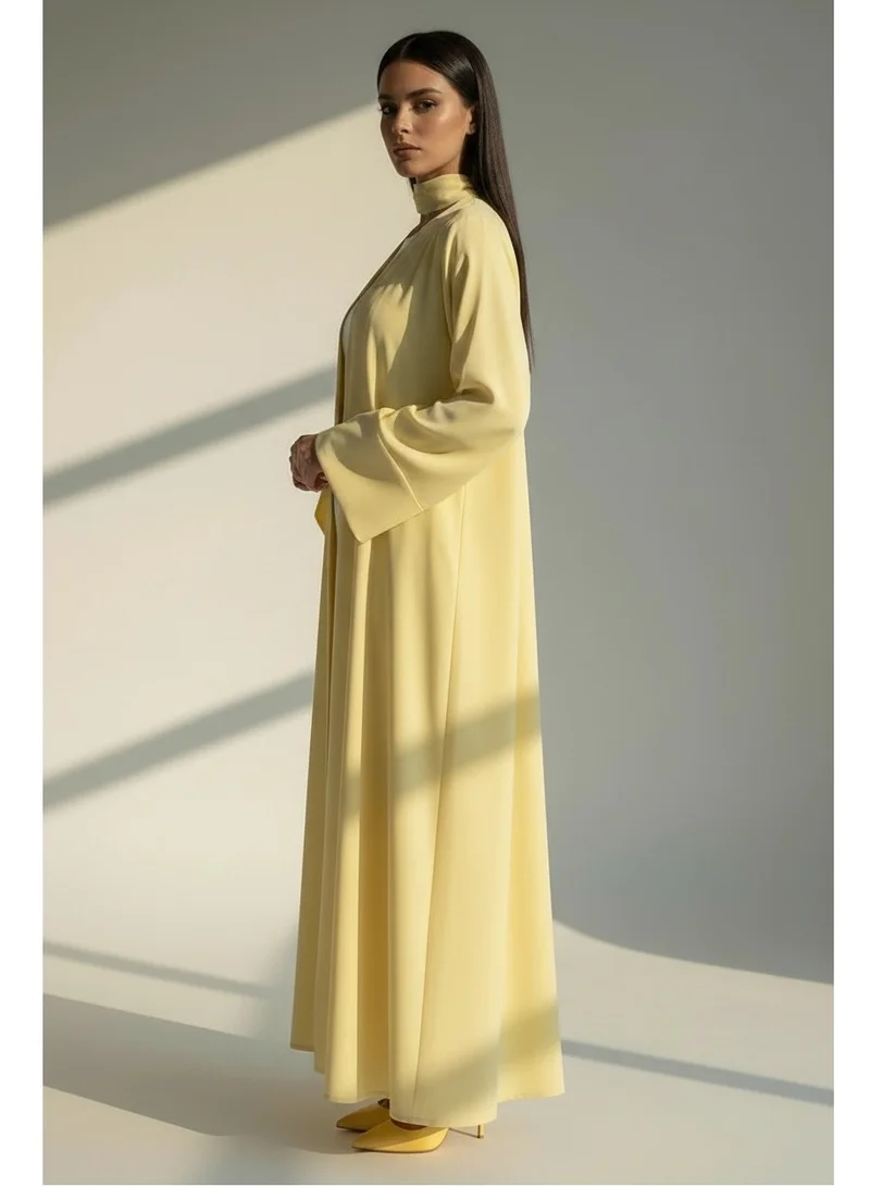 أم سكوير فاشن Pastel Yellow Open Abaya with Bell Sleeves, Lightweight Everyday Style