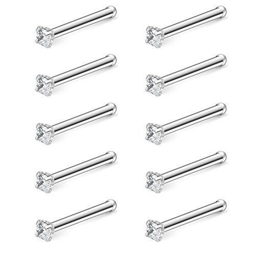 Ruifan 10PCS 20G Surgical Steel Clear Diamond CZ Nose Stud Rings Bone Pin Piercing Jewelry 1.5mm - Image 5