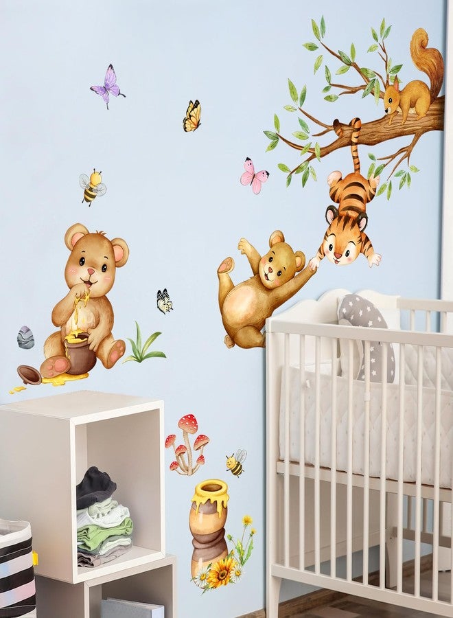 Supzone Woodland Bear Wall Stickers - Cute Animal Tree Branch Wall Decals, Tiger Bear Squirrel Swinging for Honey Wall Decor for Kids Baby Nursery Playroom Living Room Bedroom - Image 2