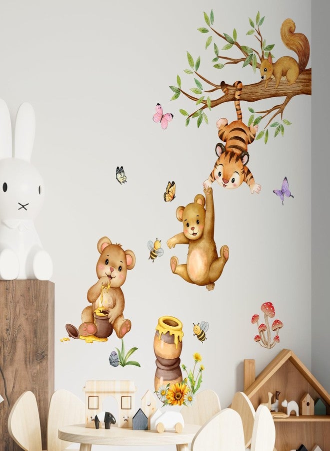 Supzone Woodland Bear Wall Stickers - Cute Animal Tree Branch Wall Decals, Tiger Bear Squirrel Swinging for Honey Wall Decor for Kids Baby Nursery Playroom Living Room Bedroom - Image 5