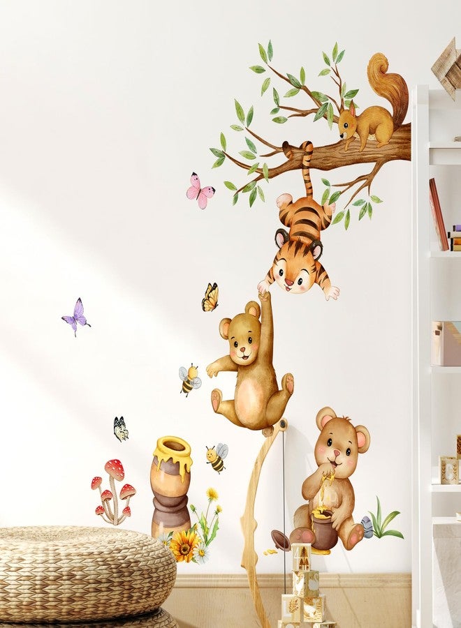 Supzone Woodland Bear Wall Stickers - Cute Animal Tree Branch Wall Decals, Tiger Bear Squirrel Swinging for Honey Wall Decor for Kids Baby Nursery Playroom Living Room Bedroom - Image 4