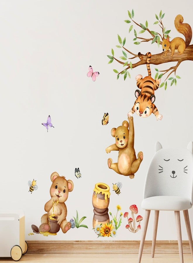 Supzone Woodland Bear Wall Stickers - Cute Animal Tree Branch Wall Decals, Tiger Bear Squirrel Swinging for Honey Wall Decor for Kids Baby Nursery Playroom Living Room Bedroom - Image 1