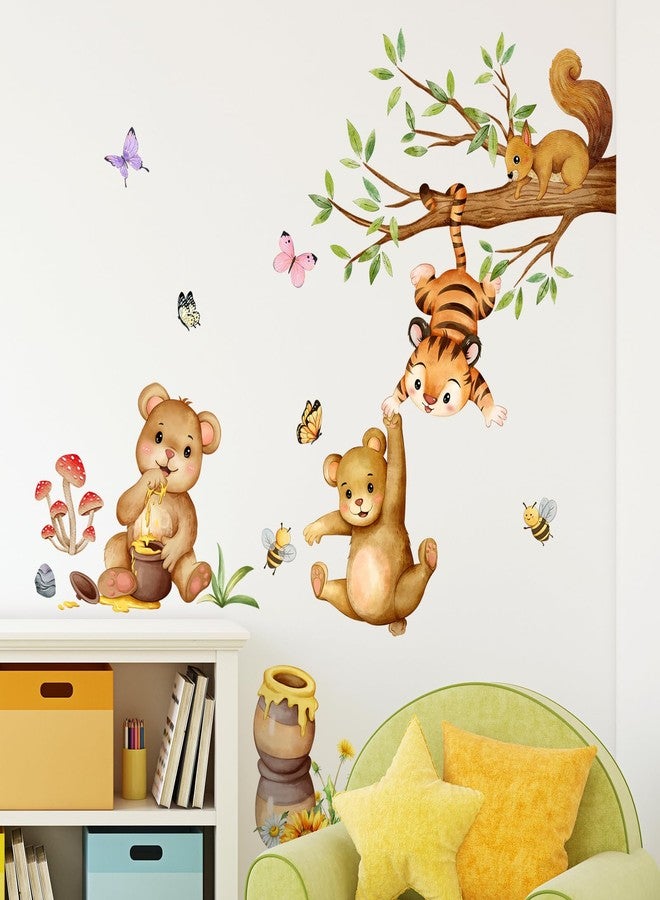 Supzone Woodland Bear Wall Stickers - Cute Animal Tree Branch Wall Decals, Tiger Bear Squirrel Swinging for Honey Wall Decor for Kids Baby Nursery Playroom Living Room Bedroom - Image 3