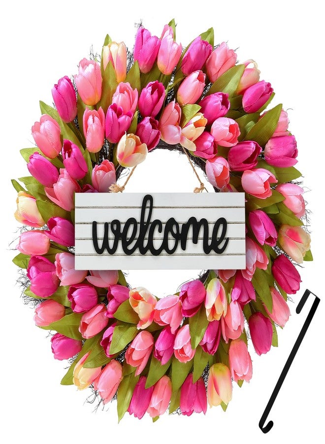 Huadanbor Wreaths, Tulip Wreath, 24 Inch Wreath for Front Door, Spring Wreaths with Metal Hanger, for Autumn and Winter, Indoors,Outdoors, corridors, Offices. (Pink) - Image 1