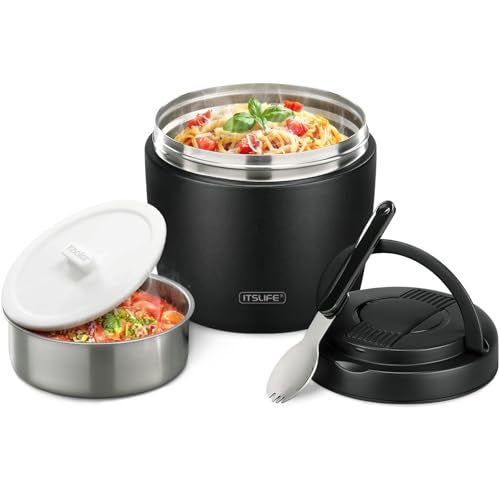 ITSLIFE Soup Thermos for Hot Food Insulated Food Jar 32oz, Vacuum Insulated Stainless Steel Lunch Container - Wide Mouth Thermo for Soup & Food, Insulated lunch box Leakproof Bento Box with Spoon(Black) - Image 1