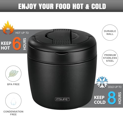 ITSLIFE Soup Thermos for Hot Food Insulated Food Jar 32oz, Vacuum Insulated Stainless Steel Lunch Container - Wide Mouth Thermo for Soup & Food, Insulated lunch box Leakproof Bento Box with Spoon(Black) - Image 3