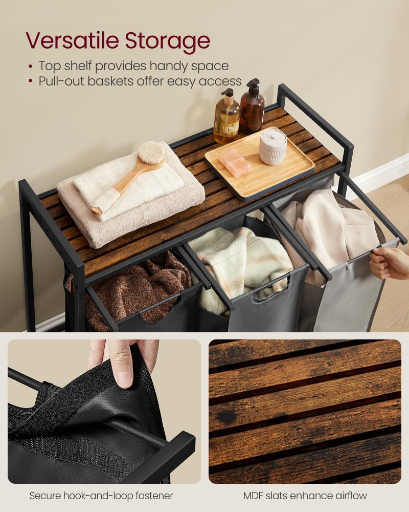 VASAGLE Laundry Hamper, Laundry Basket, Laundry Sorter with 3 Pull-Out and Removable Bags, Shelf, Metal Frame, 3 x 10.6 Gallons (40 L), 36.4 x 13 x 28.4 Inches, Tricolor and Rustic Brown UBLH301X01 - Image 4