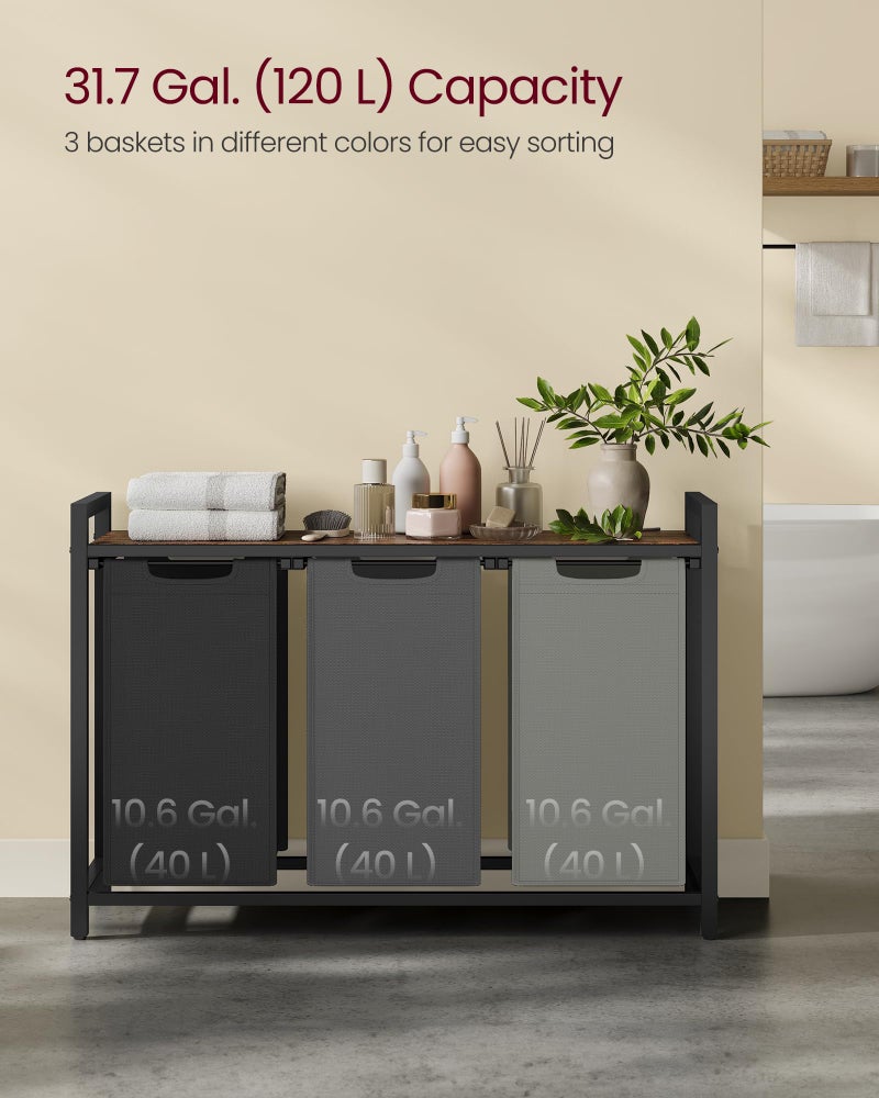 VASAGLE Laundry Hamper, Laundry Basket, Laundry Sorter with 3 Pull-Out and Removable Bags, Shelf, Metal Frame, 3 x 10.6 Gallons (40 L), 36.4 x 13 x 28.4 Inches, Tricolor and Rustic Brown UBLH301X01 - Image 3