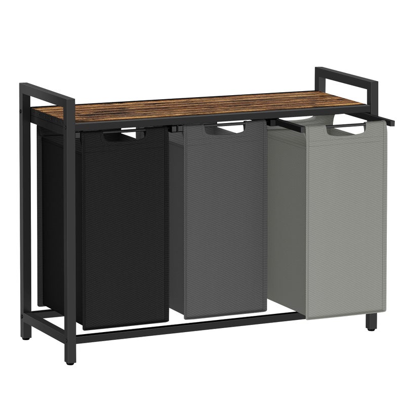 VASAGLE Laundry Hamper, Laundry Basket, Laundry Sorter with 3 Pull-Out and Removable Bags, Shelf, Metal Frame, 3 x 10.6 Gallons (40 L), 36.4 x 13 x 28.4 Inches, Tricolor and Rustic Brown UBLH301X01 - Image 1
