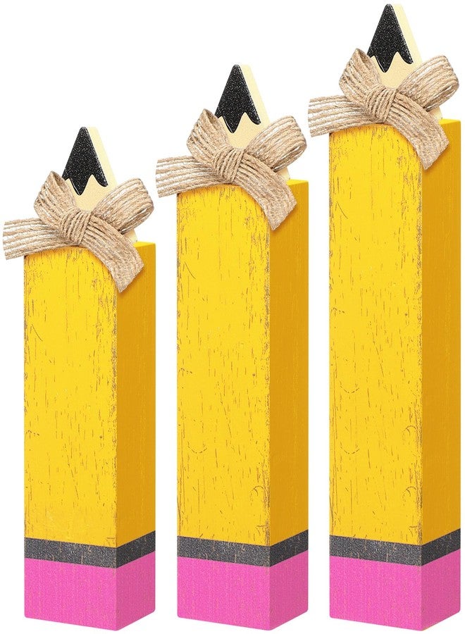 Yuntau 3 Pcs Back to School Table Decor Wooden Pencil Block Signs Rustic Farmhouse wood Pencil Tabletop Centerpieces for The First Day of School Home Classroom Desk Shelf Tiered Tray Decor - Image 1