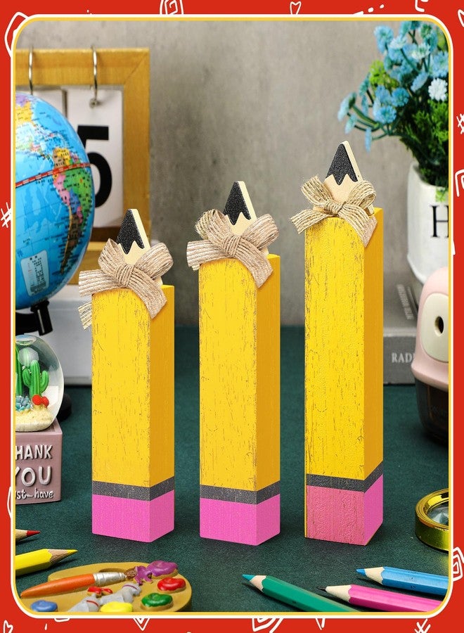 Yuntau 3 Pcs Back to School Table Decor Wooden Pencil Block Signs Rustic Farmhouse wood Pencil Tabletop Centerpieces for The First Day of School Home Classroom Desk Shelf Tiered Tray Decor - Image 3