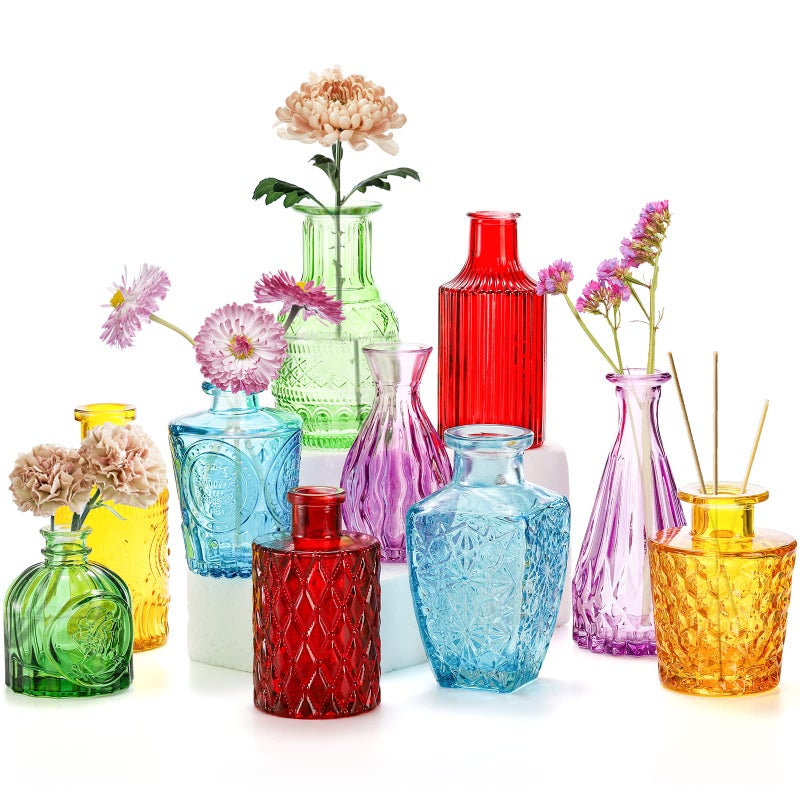 Coloch Set of 10 Colored Bud Vases Assorted Small Glass Flower Vases Vintage Carved Floral Vase Single Bud Vase in Bulk for Centerpieces Parties Wedding Decoration Office Home