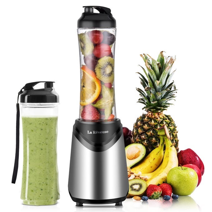 SMOOTHIE BLENDER PERSONAL SIZE 300 WATTS WITH 2 PIECES 18 OZ BPAFREE TRAVEL SPORTS BOTTLES SILVER