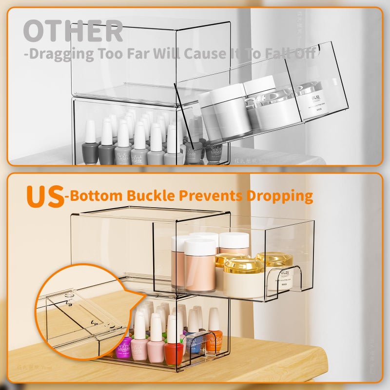 Yieach 4 Pack Clear Stackable Storage Drawers,4.4'' Tall Acrylic Drawer Containers for Organizing,Bathroom Organizers and Storage Bin Box,Plastic Makeup,Medicine Organizer Bins for Cabinet,Undersink - Image 4