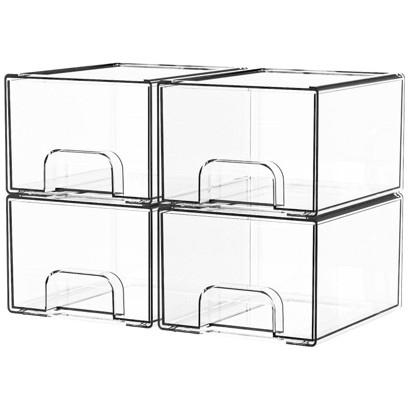 Yieach 4 Pack Clear Stackable Storage Drawers,4.4'' Tall Acrylic Drawer Containers for Organizing,Bathroom Organizers and Storage Bin Box,Plastic Makeup,Medicine Organizer Bins for Cabinet,Undersink - Image 1