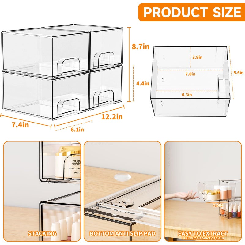 Yieach 4 Pack Clear Stackable Storage Drawers,4.4'' Tall Acrylic Drawer Containers for Organizing,Bathroom Organizers and Storage Bin Box,Plastic Makeup,Medicine Organizer Bins for Cabinet,Undersink - Image 3