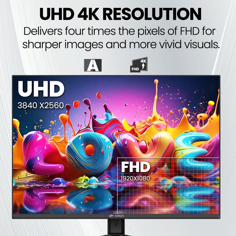 CRUA 28'' Monitor, 4K UHD+(3840Ã—2560P)IPS 60Hz Computer Monitors, 15:10 Aspect Ratio, 10Bit Color, Built-in Speakers, Ultra-Clear PC Display Support HDMI 2.0 & DP1.4, Type-C Port, Wall Mountableâ€“Black - Image 5