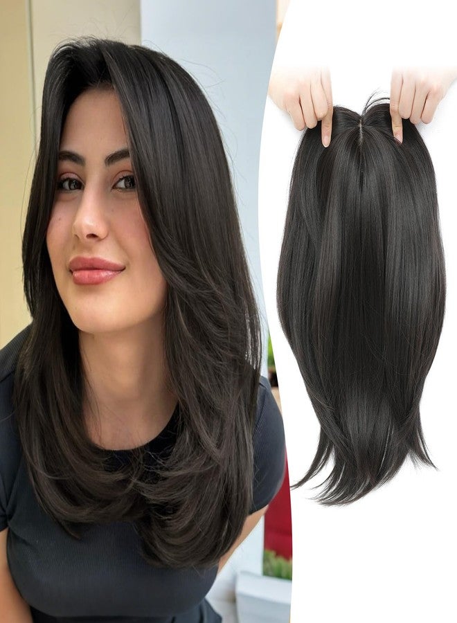 مش تاج وصلة شعر صناعية كبيرة من إم إس تاج بطول 12 بوصة للنساء ذوات الشعر الخفيف، مقاس 6.5 بوصة × 6.5 بوصة مع غرة، قطع شعر نسائية من الألياف للاستخدام اليومي والعمل والحفلات - بني أسود - Image 1