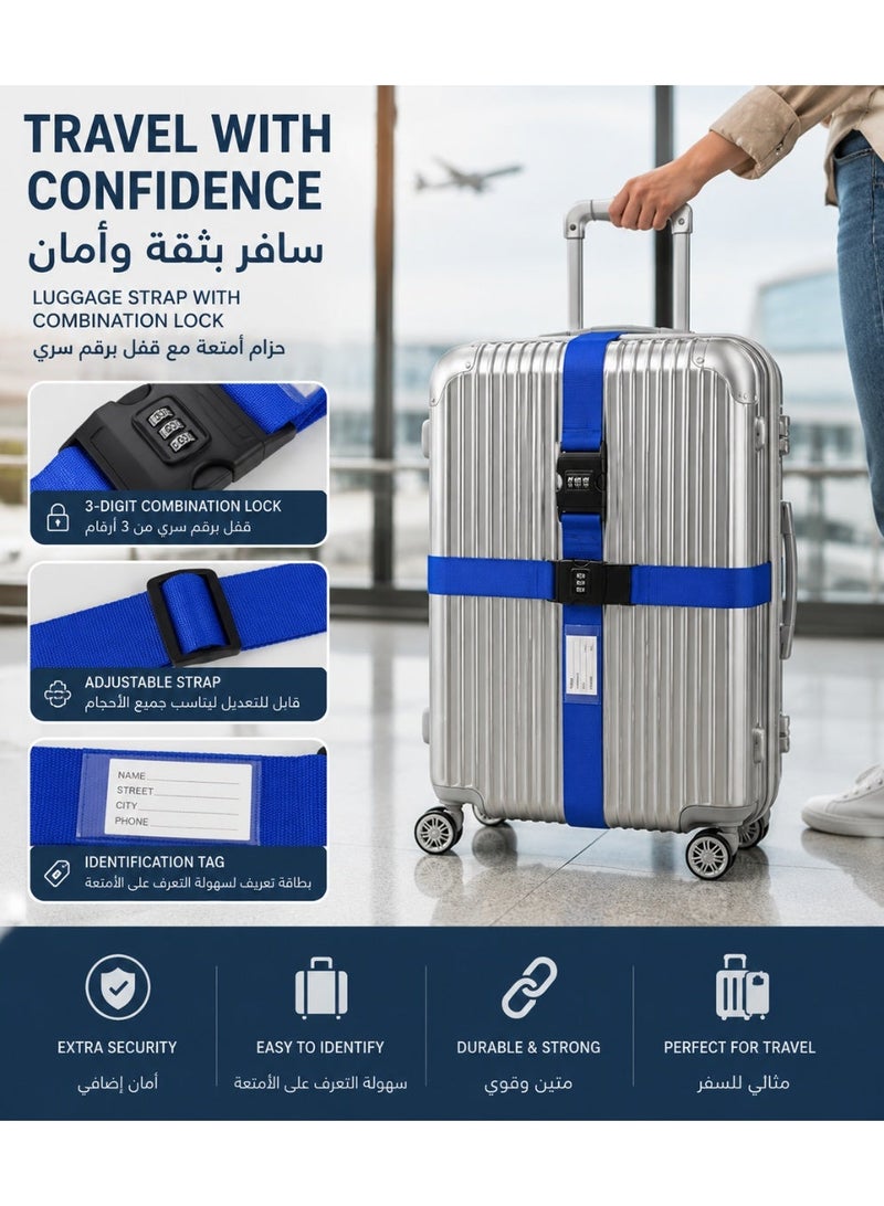 ISHWAZ Luggage Strap with 3-Digit Combination Lock & ID Tag | Adjustable Travel Security Belt for Suitcases, Trolleys, Bags & Checked Luggage - Image 2