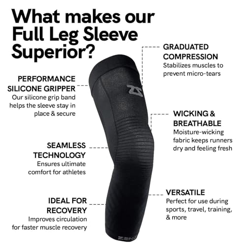 Zensah Full Leg Compression Sleeve - Long Full Length Support for Thigh, Knee, Calf for Men, Women, Running, Basketball, Football (Large, 1 Pair - Black) - Image 3