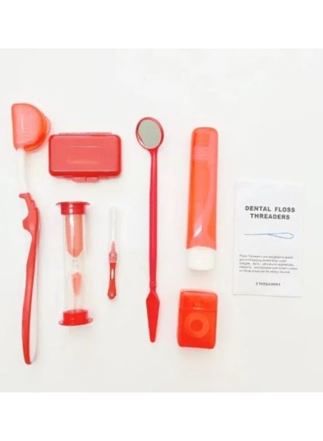 طقم تنظيف تقويم الأسنان مكون من 8 قطع، لتبييض الأسنان، وفرش تنظيف ما بين الأسنان، لون برتقالي - Image 1