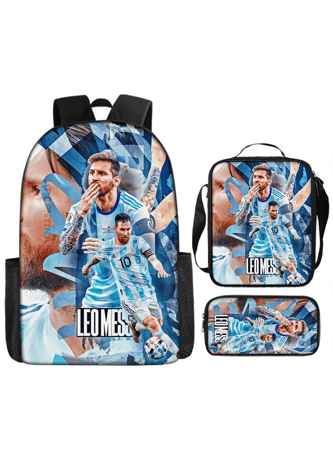 general 3PCS Backpack Set, MESSI Football Backpack, Large Capacity Casual Backpack with Lunch Bag and Pencil Case for Boys and Girls Fans - Image 1