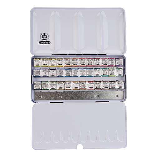Schmincke - HORADAM® AQUARELL Color Box with 36 Finest Watercolors, 74436097, Metal Box, Painting Set, Watercolors, 36 x 1/2 Pans, Space for 12 Additional 1/2 Pans - Image 1