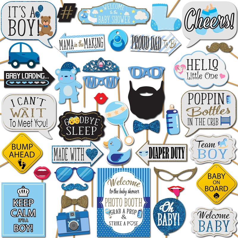 Boy Baby Shower Photo Booth Props  41pc Photo Booth Kit with 8 x 10Inch Sign 60 Glue Dots 45 Sticks  Picture Props for Baby Shower