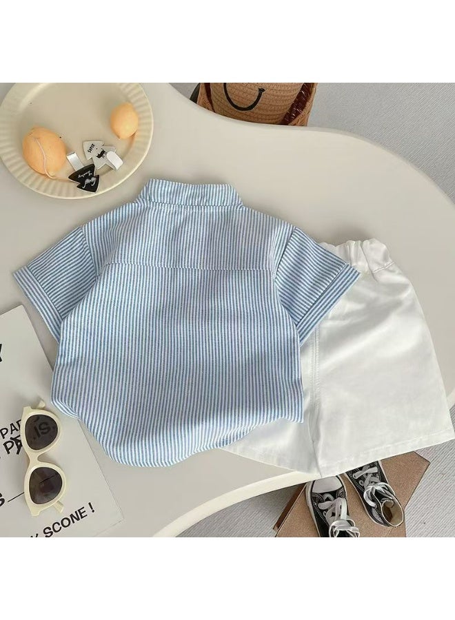 Smarties AE Toddler Girls 2-Piece Summer Outfit Set, Blue Striped Button-Down Short Sleeve Shirt & White Shorts, Casual Smart Clothing Set for Girls 2-3 Years - Image 3