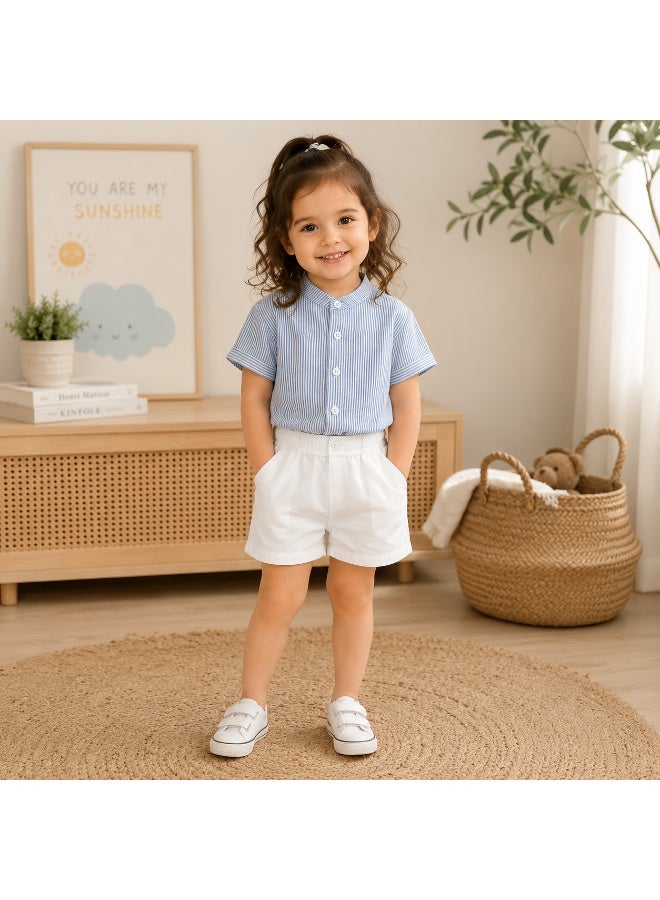 Smarties AE Toddler Girls 2-Piece Summer Outfit Set, Blue Striped Button-Down Short Sleeve Shirt & White Shorts, Casual Smart Clothing Set for Girls 2-3 Years - Image 1