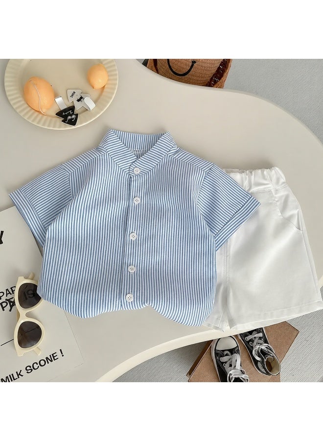 Smarties AE Toddler Girls 2-Piece Summer Outfit Set, Blue Striped Button-Down Short Sleeve Shirt & White Shorts, Casual Smart Clothing Set for Girls 2-3 Years - Image 2