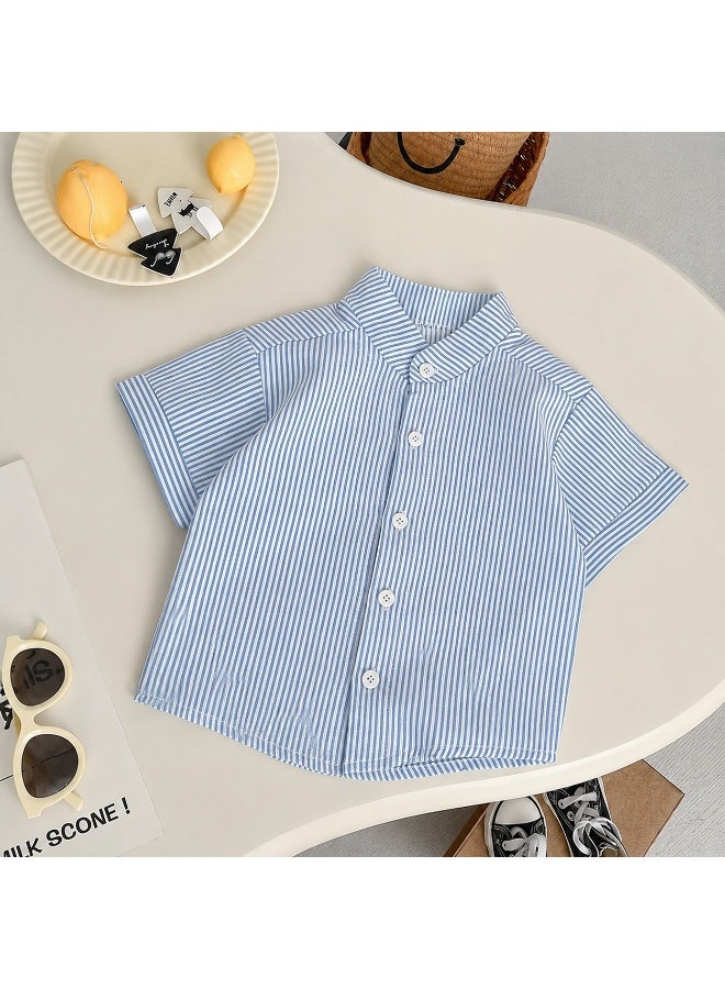 Smarties AE Toddler Girls 2-Piece Summer Outfit Set, Blue Striped Button-Down Short Sleeve Shirt & White Shorts, Casual Smart Clothing Set for Girls 2-3 Years - Image 4