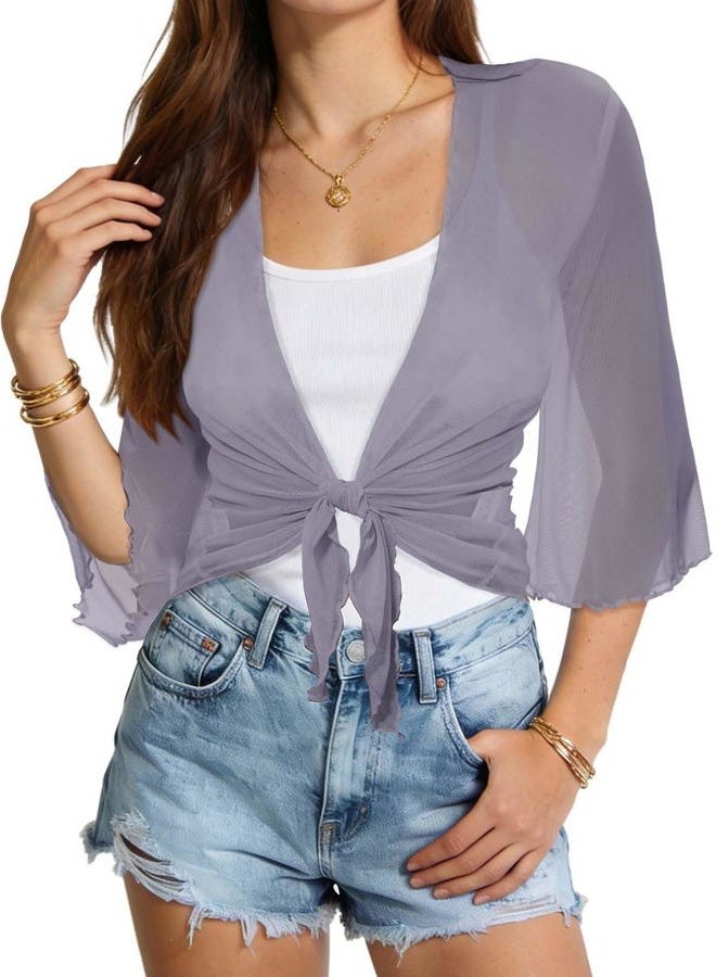 CHICGAL Women's Short Cardigan Bolero Shrug Sheer Tie Front Top 3/4 Sleeve Jacket for Dress, Grey, M - Image 1