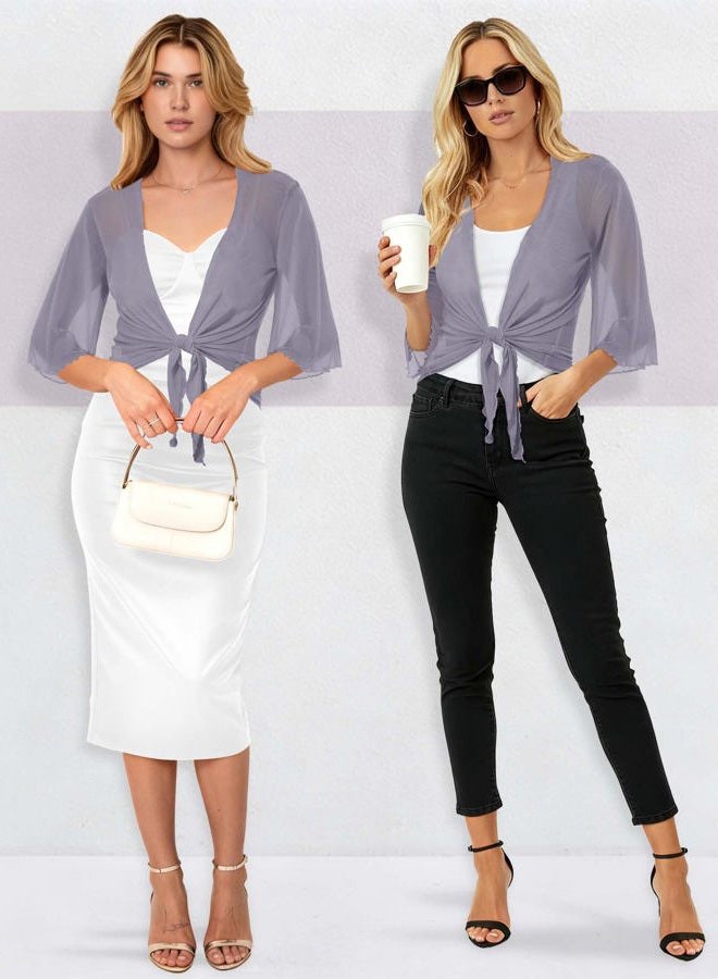 CHICGAL Women's Short Cardigan Bolero Shrug Sheer Tie Front Top 3/4 Sleeve Jacket for Dress, Grey, M - Image 3