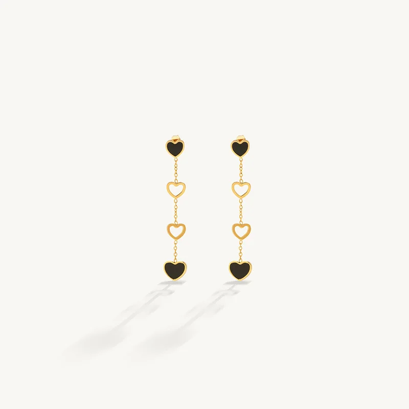 Palmonas 18K Gold Tone Plated Noir Halo Heart Linked Dangle Earrings For Women - Waterproof & Anti-Tarnish