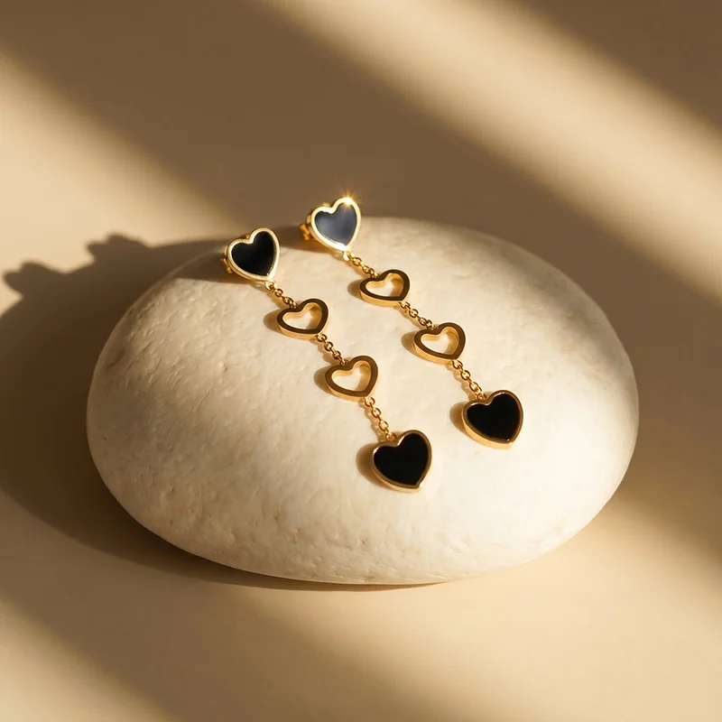 Palmonas 18K Gold Tone Plated Noir Halo Heart Linked Dangle Earrings For Women - Waterproof & Anti-Tarnish
