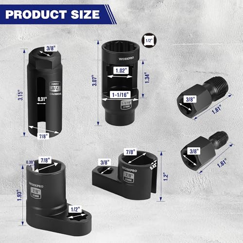 WORKPRO 6 قطع مفتاح استشعار الأكسجين O2، أدوات السيارات 3/8" 1/2" درايف × 1-1/16" 7/8" 27 مم 22 مم مجموعة أدوات إزالة مستشعر الأكسجين ومجموعة مطاردة الخيوط، لمستشعرات ضغط الزيت والفراغ والحرارة للأكسجين - Image 3