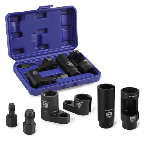 WORKPRO 6 قطع مفتاح استشعار الأكسجين O2، أدوات السيارات 3/8" 1/2" درايف × 1-1/16" 7/8" 27 مم 22 مم مجموعة أدوات إزالة مستشعر الأكسجين ومجموعة مطاردة الخيوط، لمستشعرات ضغط الزيت والفراغ والحرارة للأكسجين - Image 2