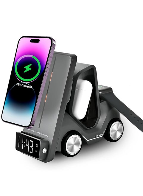 5 in 1 Wireless Charger Stand With Alarm Clock Fast Charging Dock Station Forklift Wireless Charger