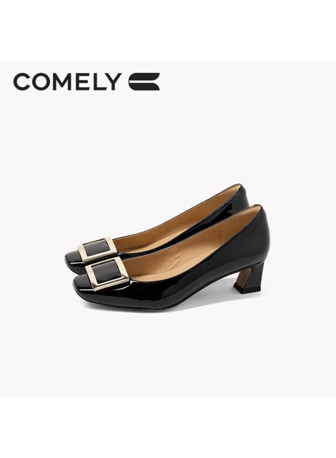Comely Square Buckle Women's Shoes, Spring Thick Heel Elegant Patent Leather Commuter High Heels, Black, Size 38 - Image 1
