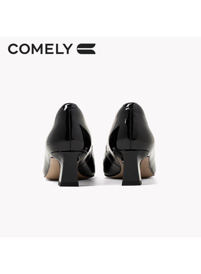 Comely Square Buckle Women's Shoes, Spring Thick Heel Elegant Patent Leather Commuter High Heels, Black, Size 38 - Image 5