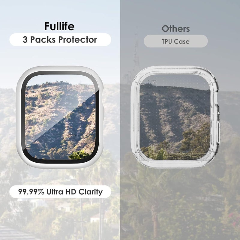 FULLIFE 3 Pack Screen Protector 41mm Compatible for Apple Watch Series 9/8/7 with 9H Tempered Glass,Overall Shockproof Cover Protective Case for iWatch 41mm(Black/Silver/Transparent) - Image 2