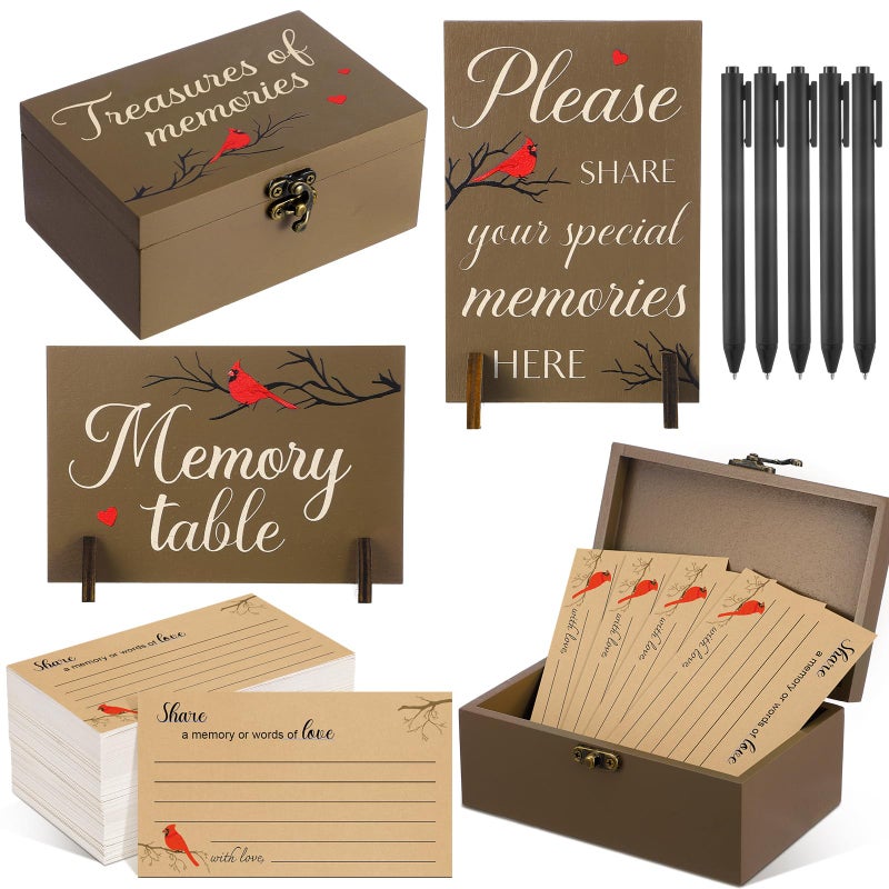 Gilprop 112 Pcs Celebration of Life Memory Cards Set Share a Memory Cards with Box 2 Wood Sign with 4 Hold and 5 Pens Sympathy Memorial Gifts Funeral Keepsake DecorationsCardinal - Image 2
