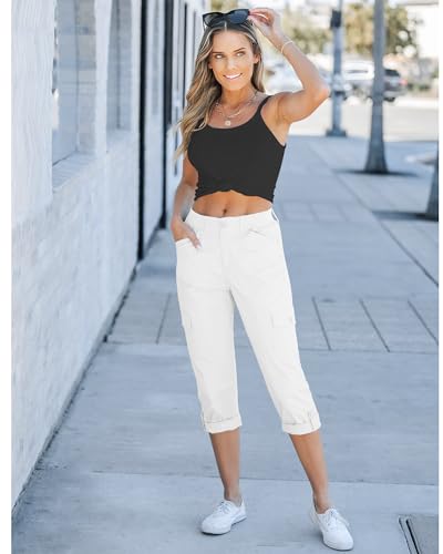 GRAPENT Womens Summer Clothes Cargo Pants - Trendy Crop Pants, Casual Summer Trousers - Elastic Waist Capris with Pockets - Off White, Medium Size 8, 10 - Image 5
