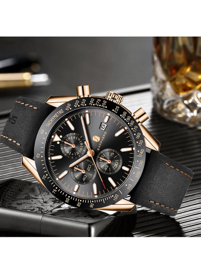 Sapphero Mens Watch Waterproof Chronograph Date Watch for Men Leather Strap Quartz Movement Analog Watch Business Casual Gift for Men - Image 4