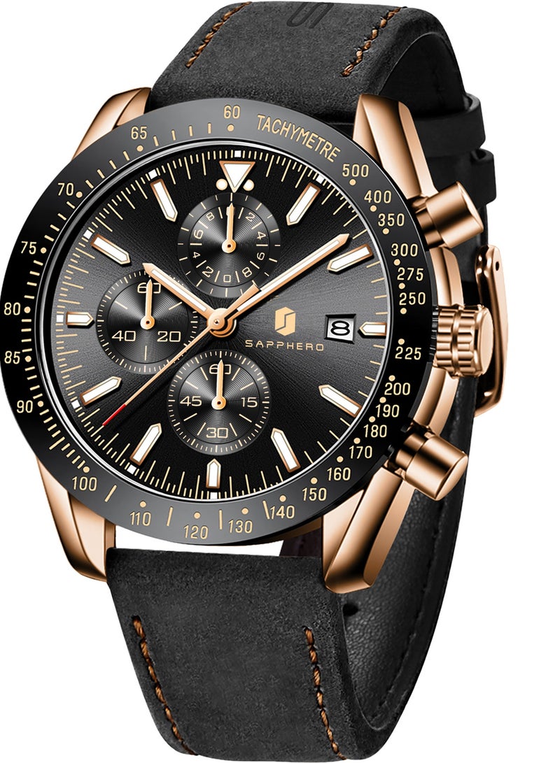 Sapphero Mens Watch Waterproof Chronograph Date Watch for Men Leather Strap Quartz Movement Analog Watch Business Casual Gift for Men - Image 1