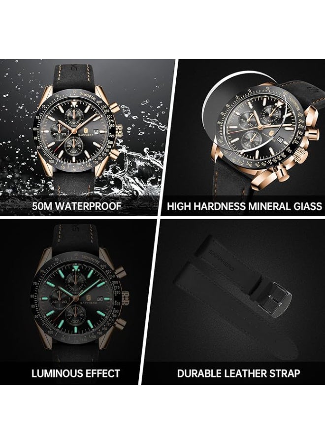 Sapphero Mens Watch Waterproof Chronograph Date Watch for Men Leather Strap Quartz Movement Analog Watch Business Casual Gift for Men - Image 5