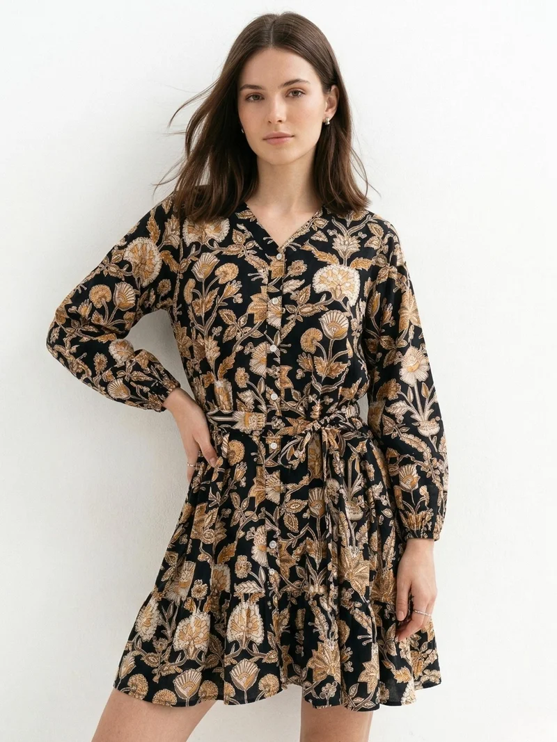 أوجيدر Black Printed Flared Sleeve V-Neck Belted Ruffle Dress