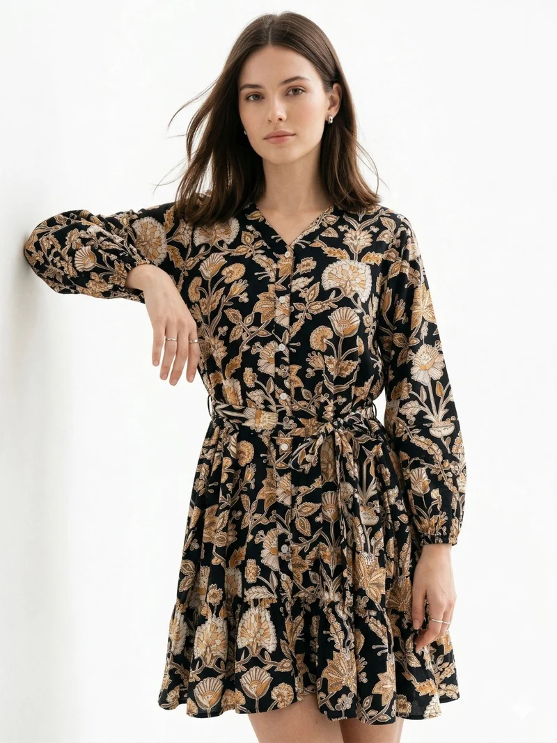 أوجيدر Black Printed Flared Sleeve V-Neck Belted Ruffle Dress
